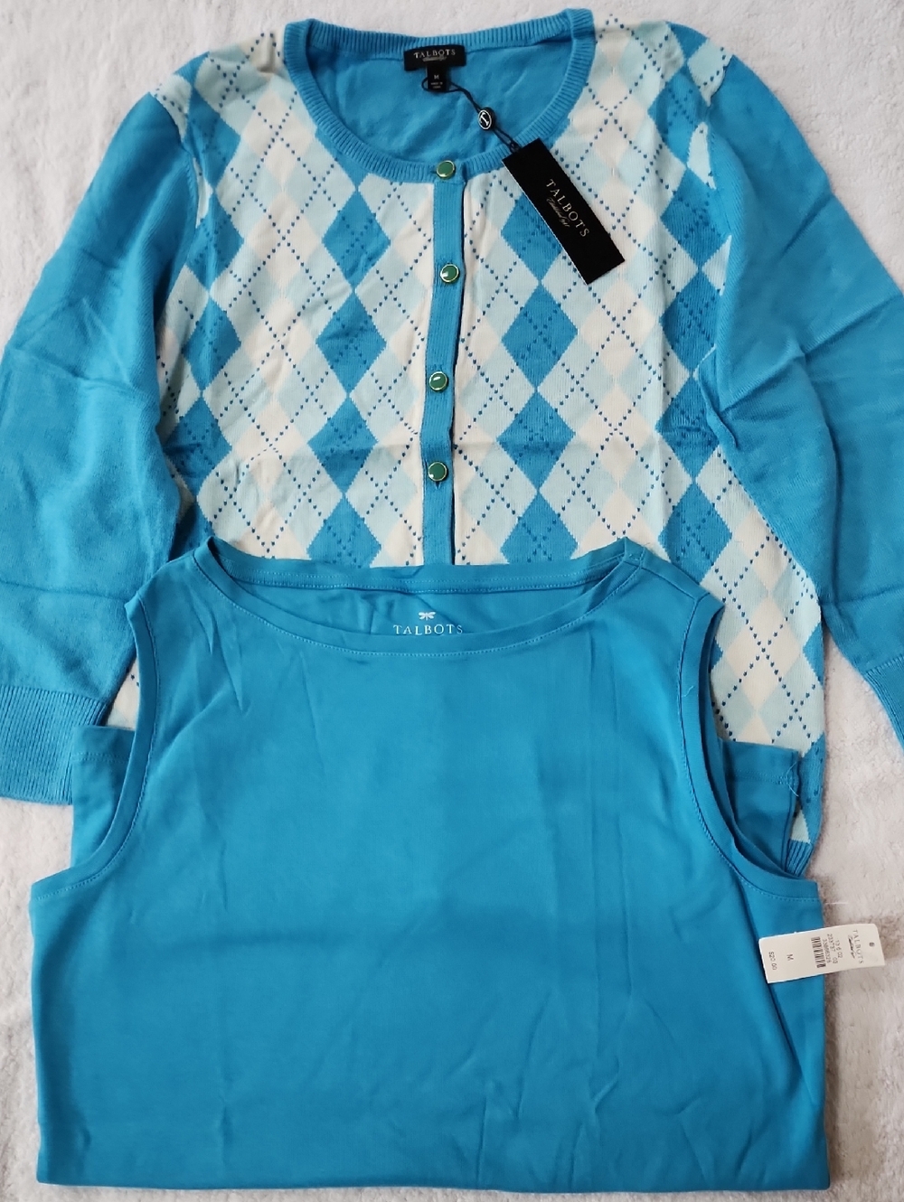 Talbots Women's Aqua Blue Argyle Cardigan with Matching Tank Size M New